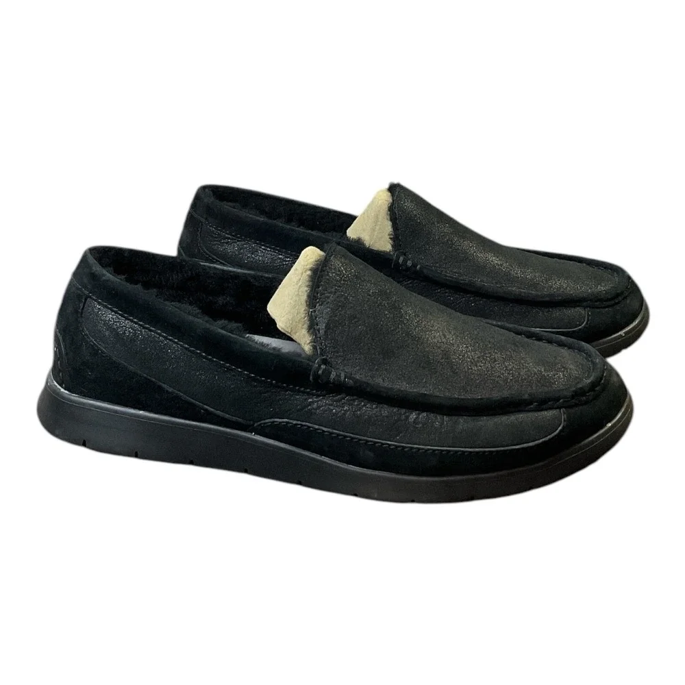 UGG Black Leather Suede Fur Slippers Mens‎ Size Measured
